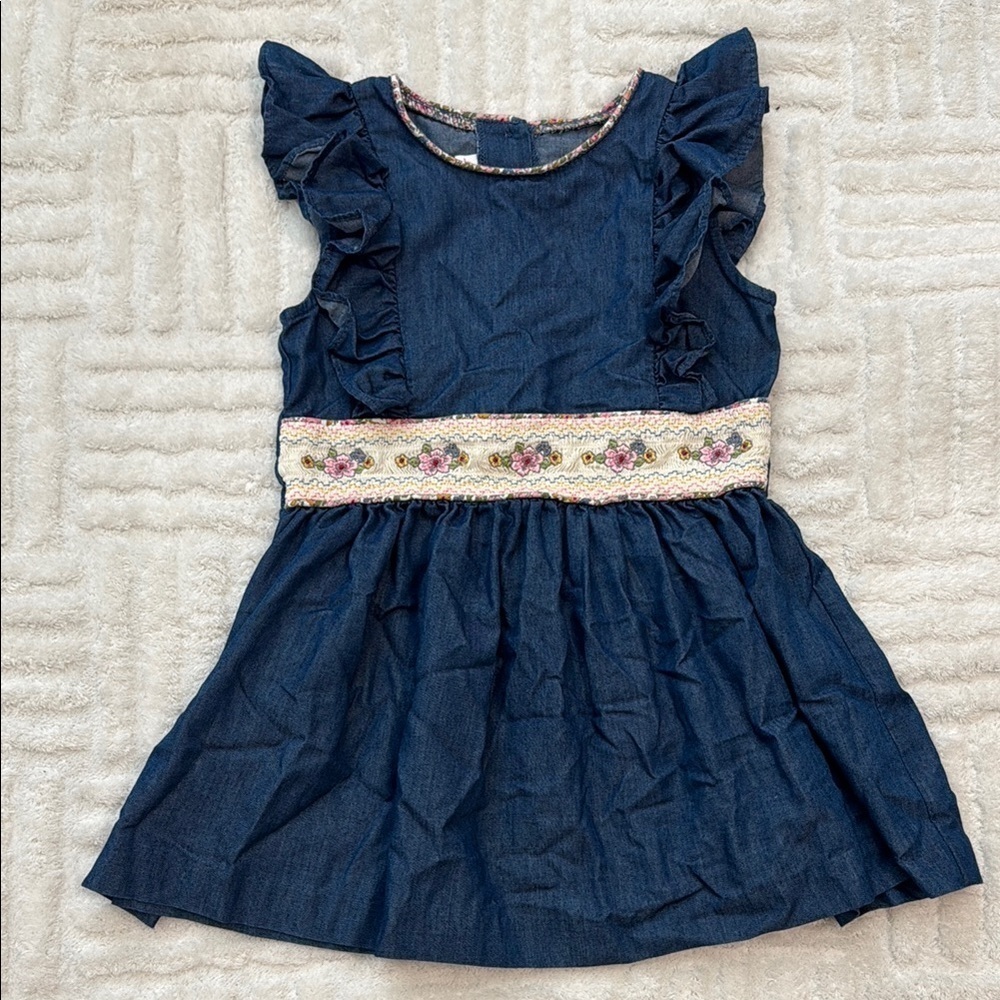 Bonnie Jean Chambray Smocked Waist Ruffle Flower Embroidered Dress